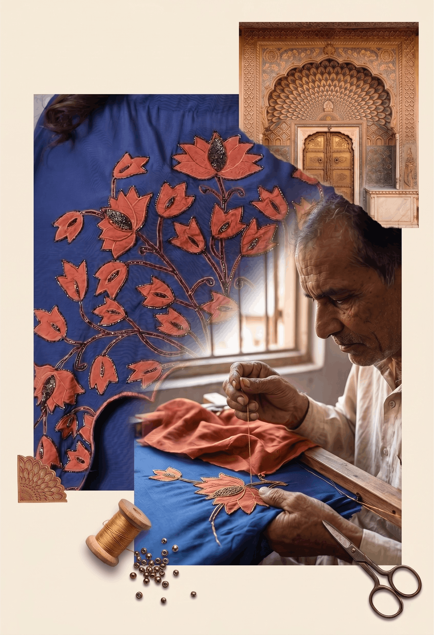 Artisan hands embroidering gold fabric with intricate detail