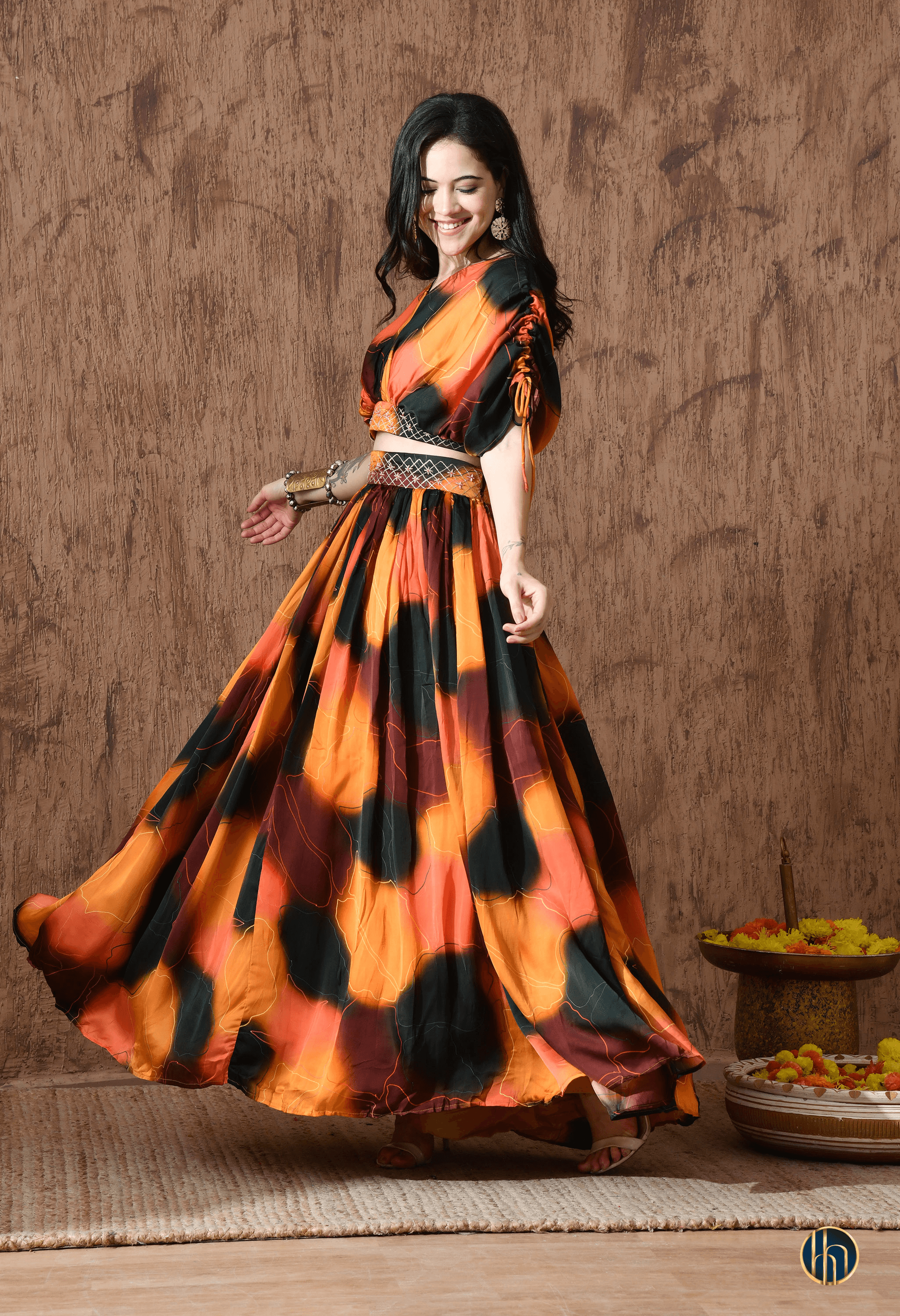 Mira Green-Orange Abstract Print Lehenga Set with Embroidered Waist