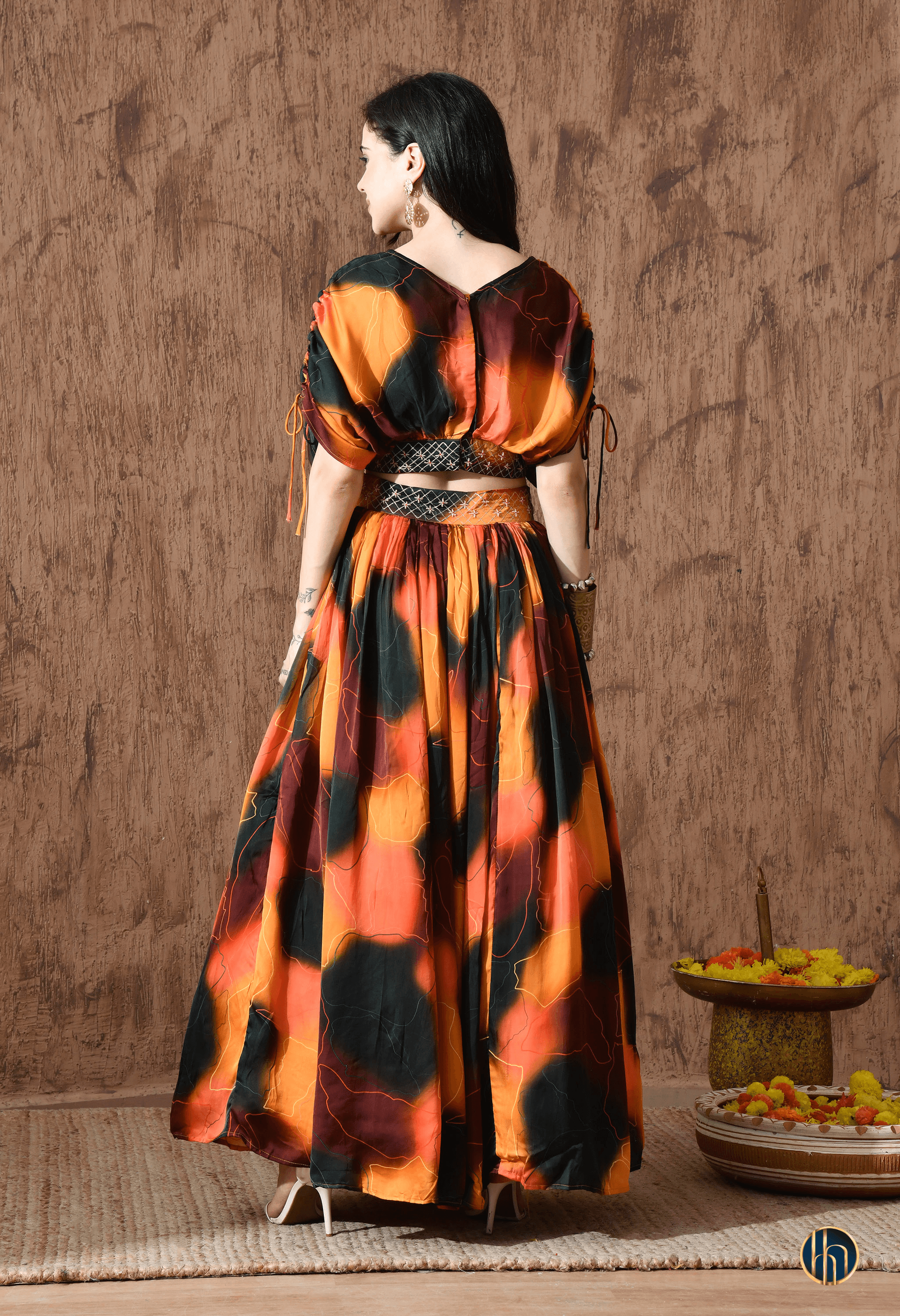 Mira Green-Orange Abstract Print Lehenga Set with Embroidered Waist