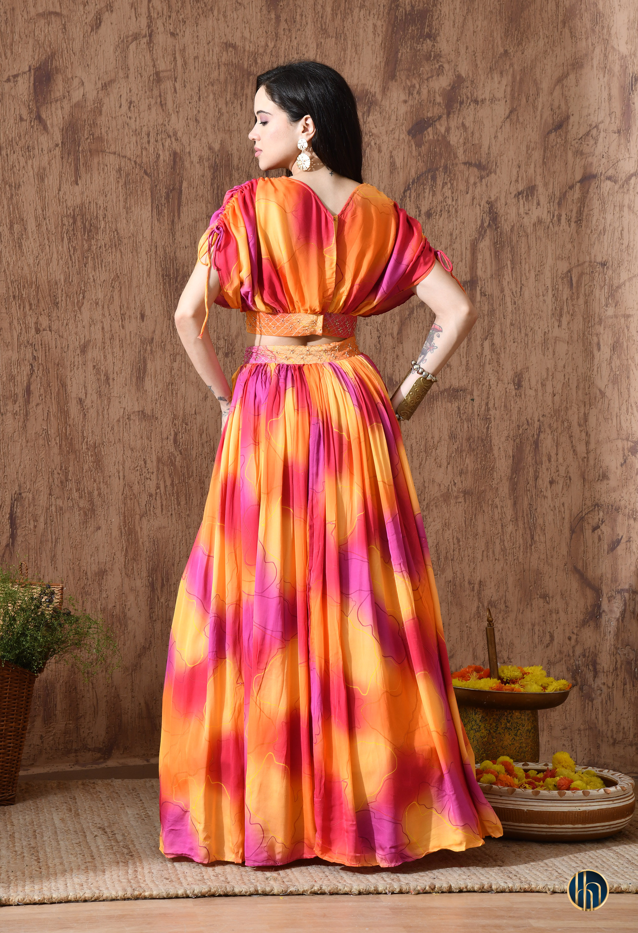 Mira Pink-Orange Abstract Print Lehenga Set with Embroidered Waist