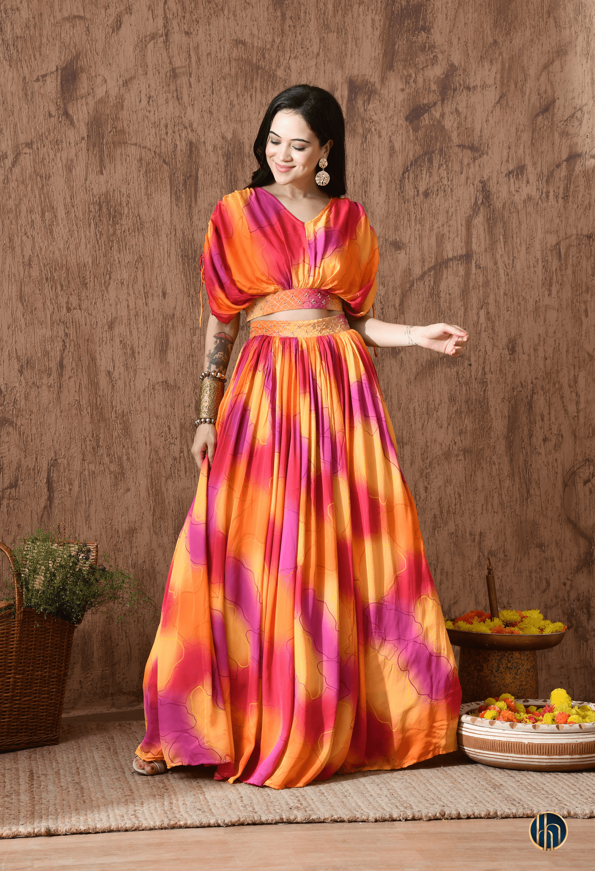 Mira Pink-Orange Abstract Print Lehenga Set with Embroidered Waist