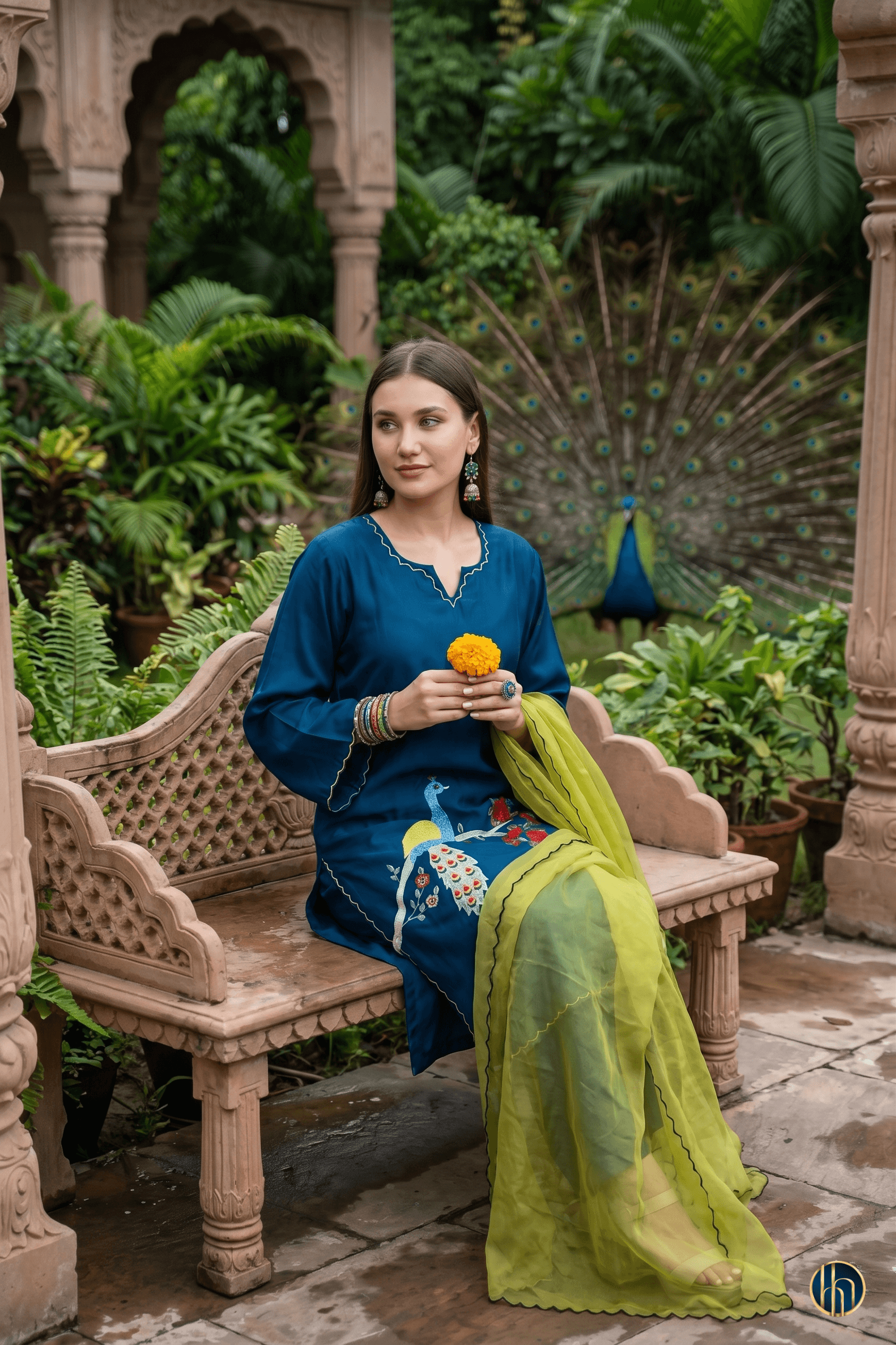 Mayuri Peacock Blue Kurta Set with Hand-Appliqué Embriodery