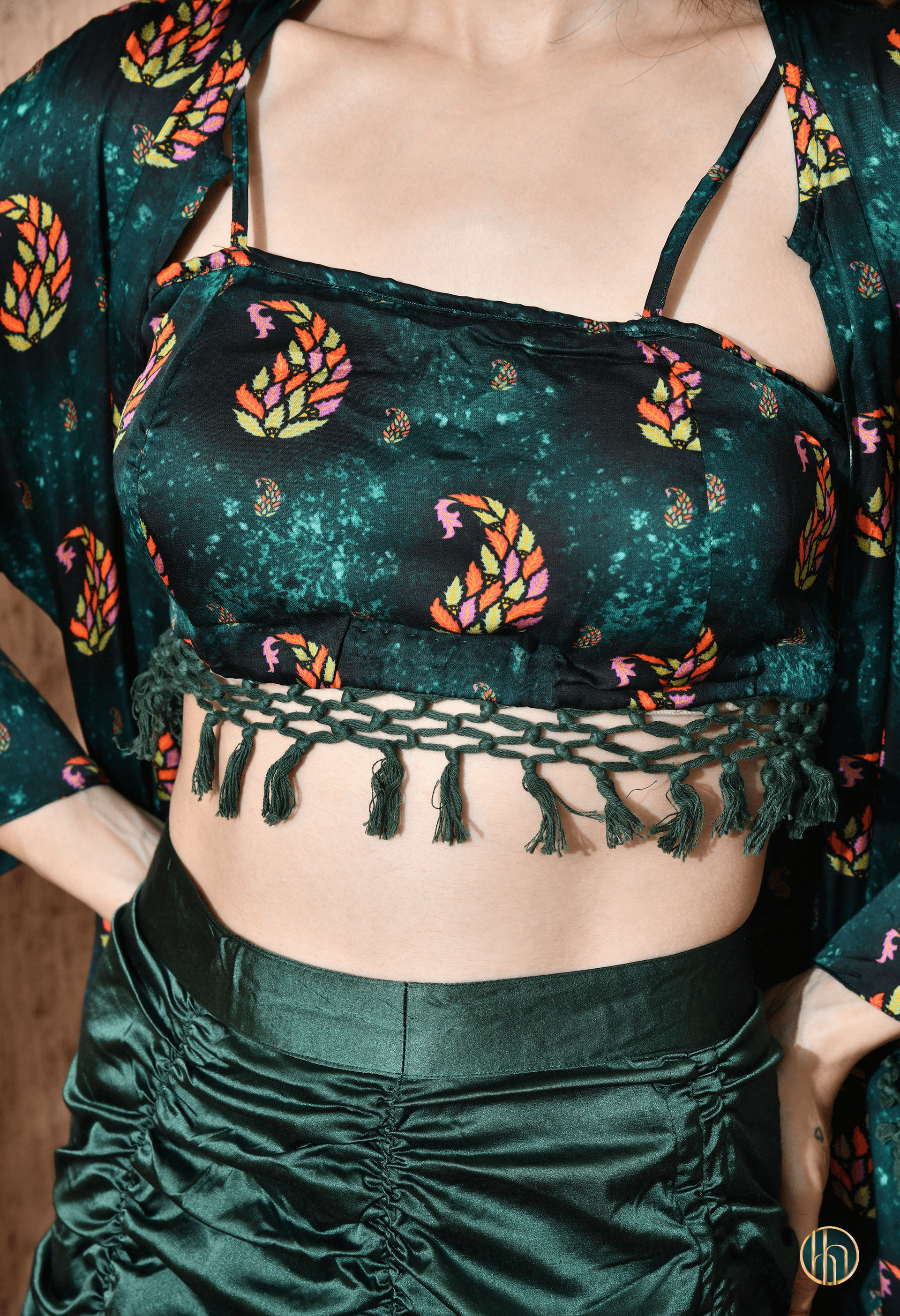 Aarya Emerald Green Paisley 3-Piece Cape Set with Tassels