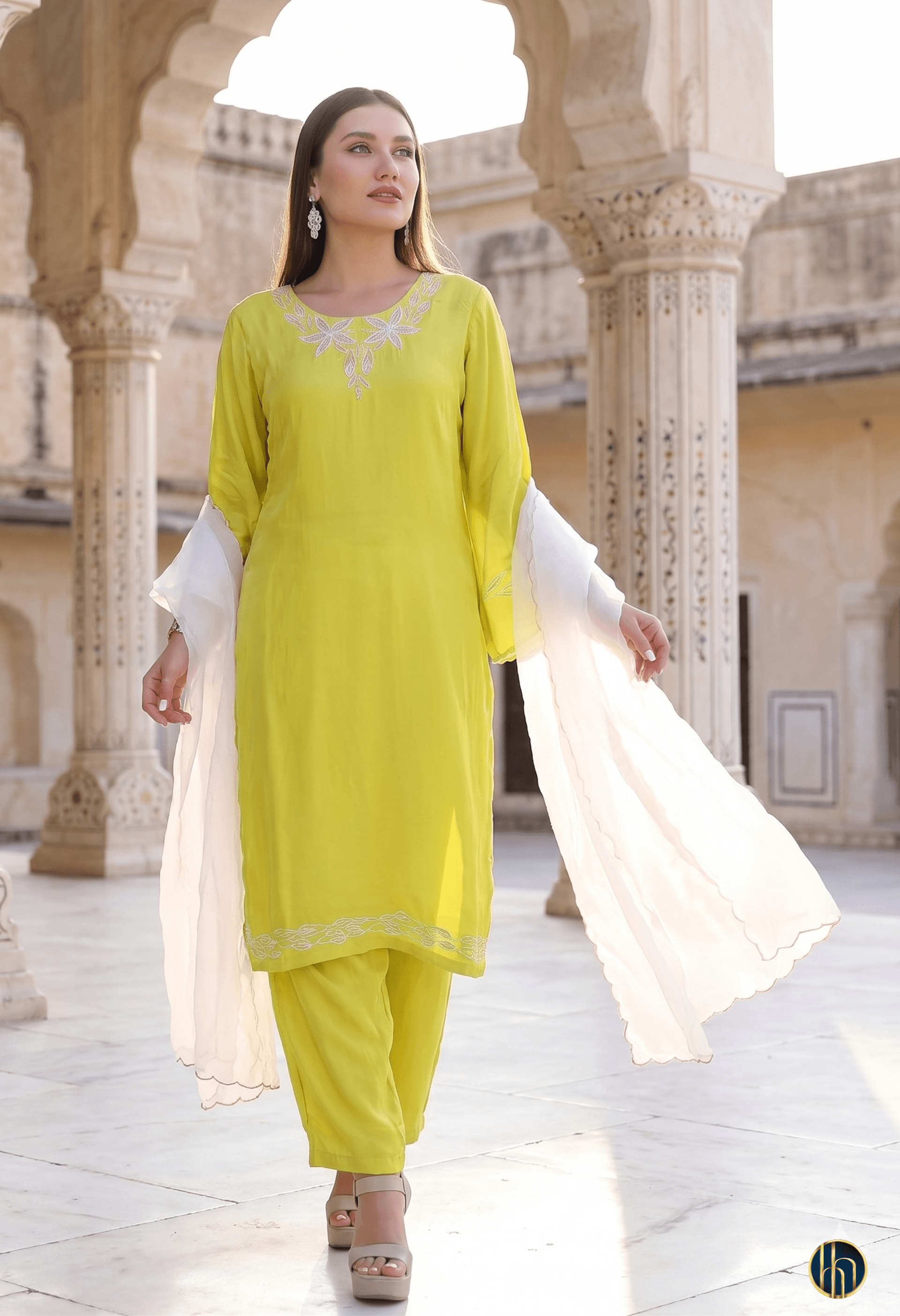 Jhalak Yellow Cutwork Embroidered Kurta Set with white Dupatta