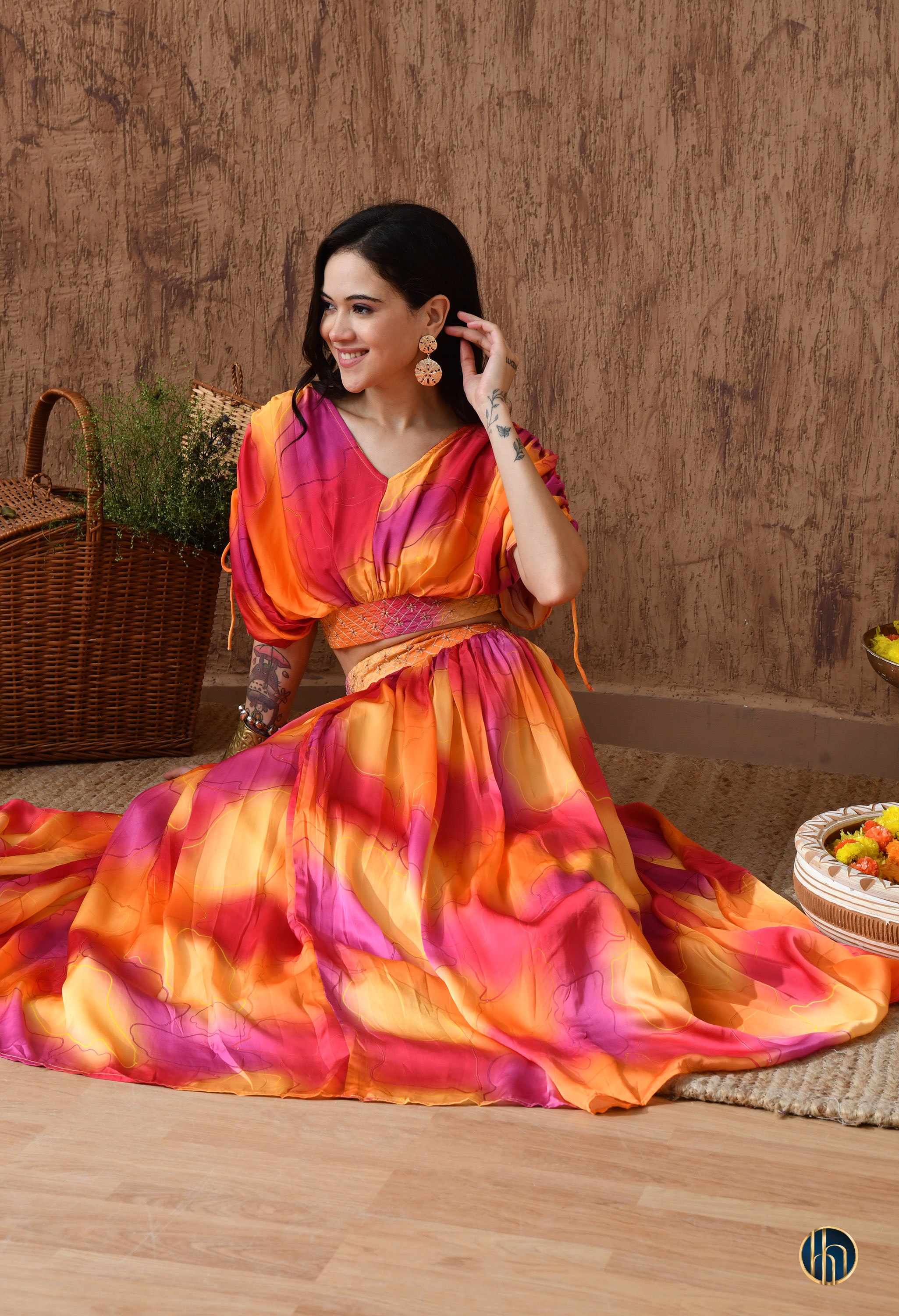 Mira Pink-Orange Abstract Print Lehenga Set with Embroidered Waist