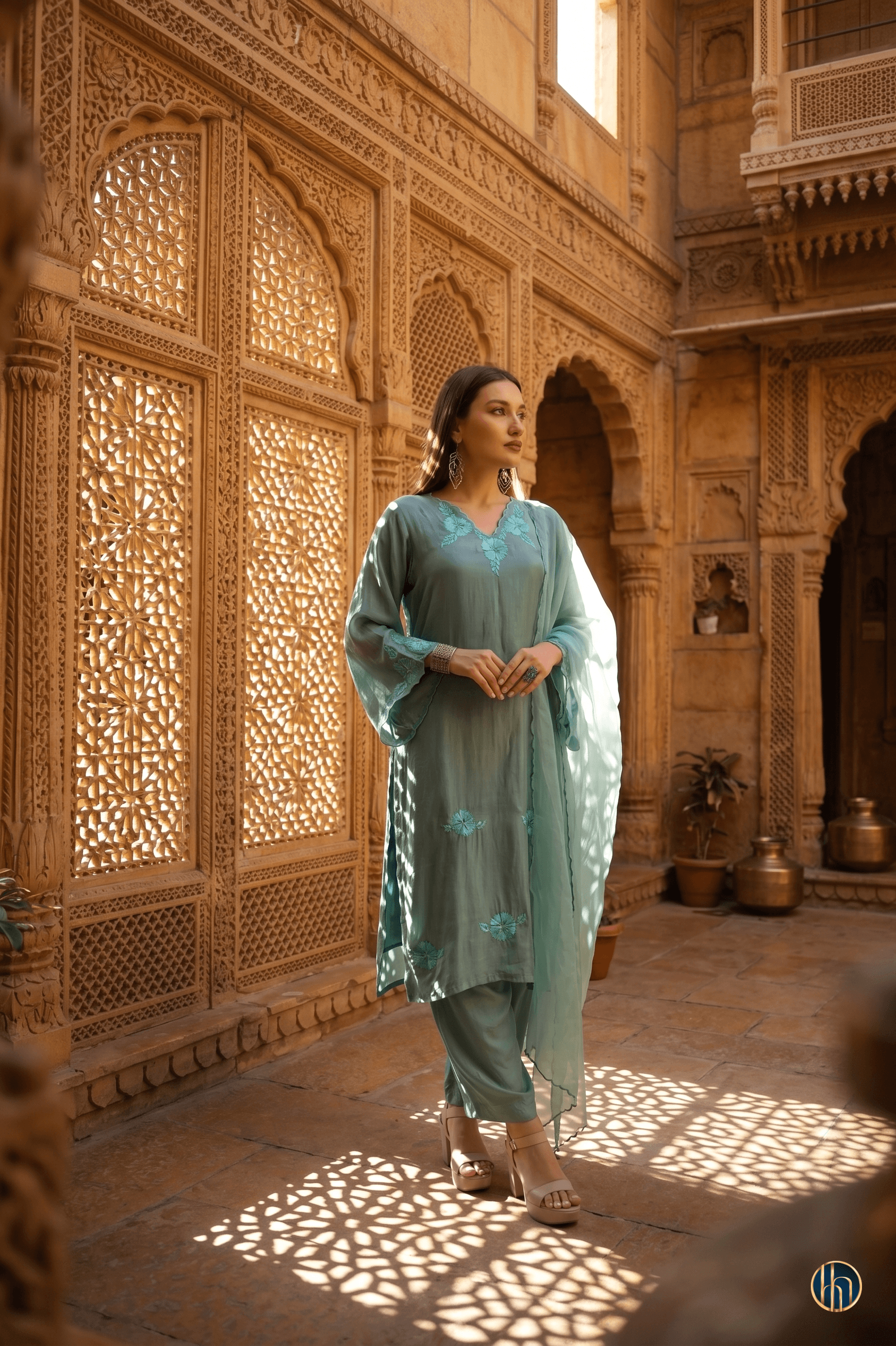 Sheetal Mint Green Embroidered Kurta Set with Yellow Dupatta
