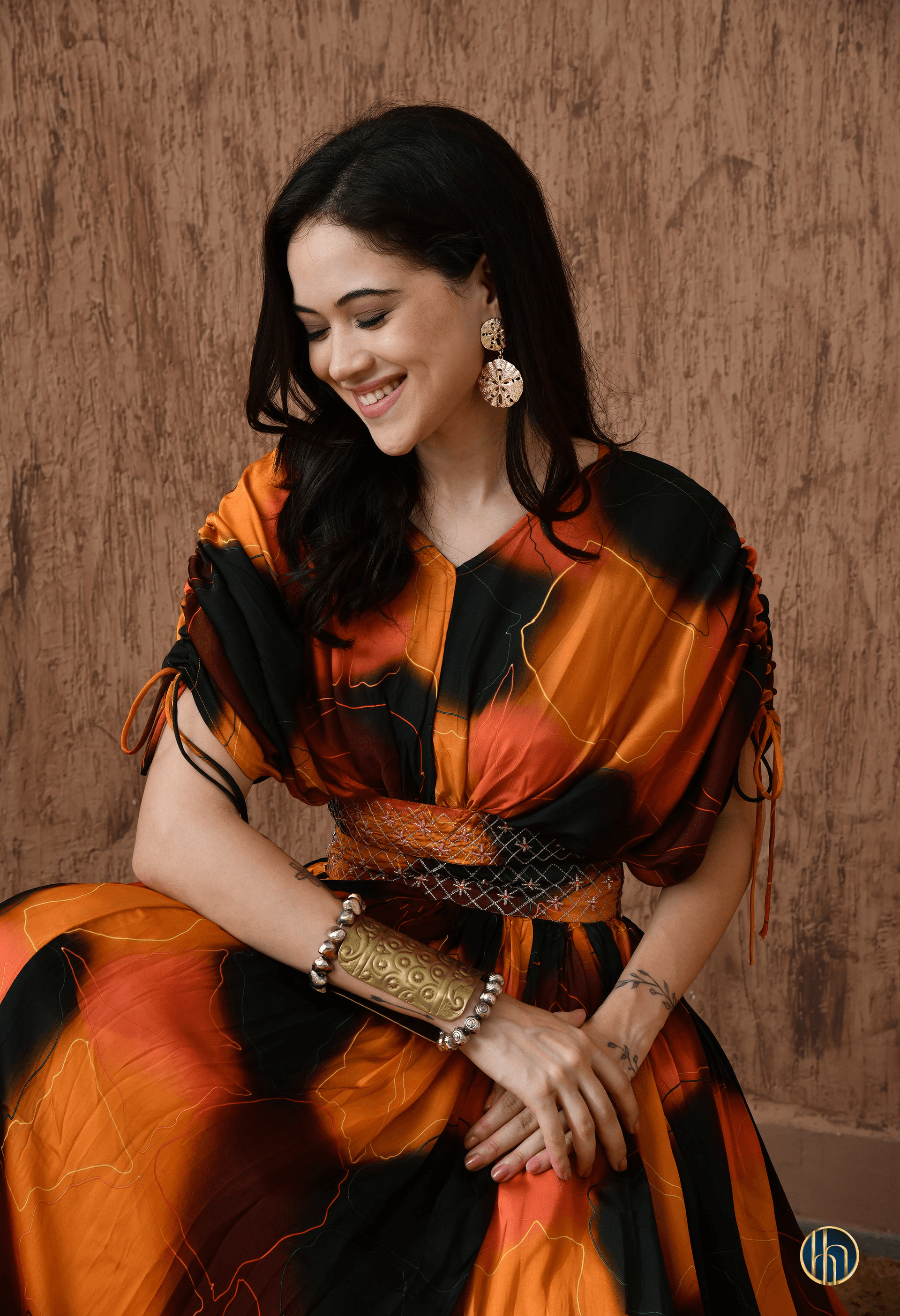 Mira Green-Orange Abstract Print Lehenga Set with Embroidered Waist
