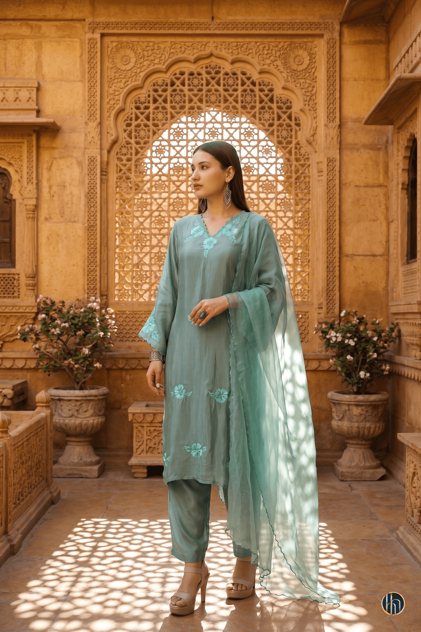Sheetal Mint Green Embroidered Kurta Set with Yellow Dupatta