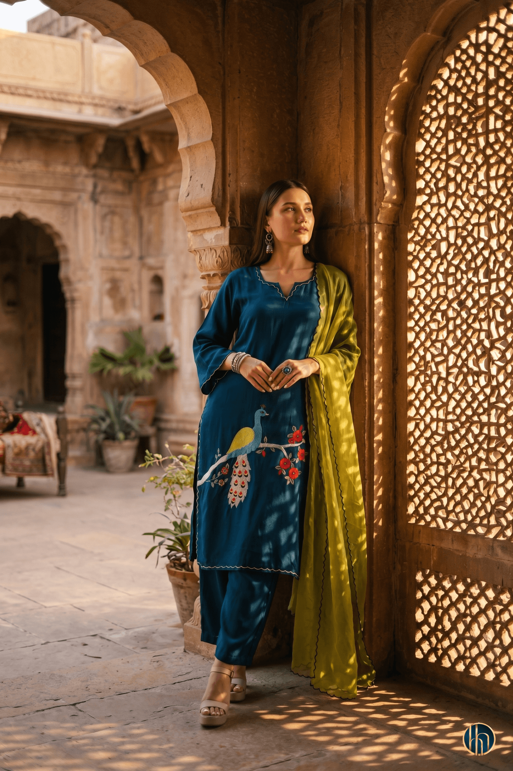 Mayuri Peacock Blue Kurta Set with Hand-Appliqué Embriodery