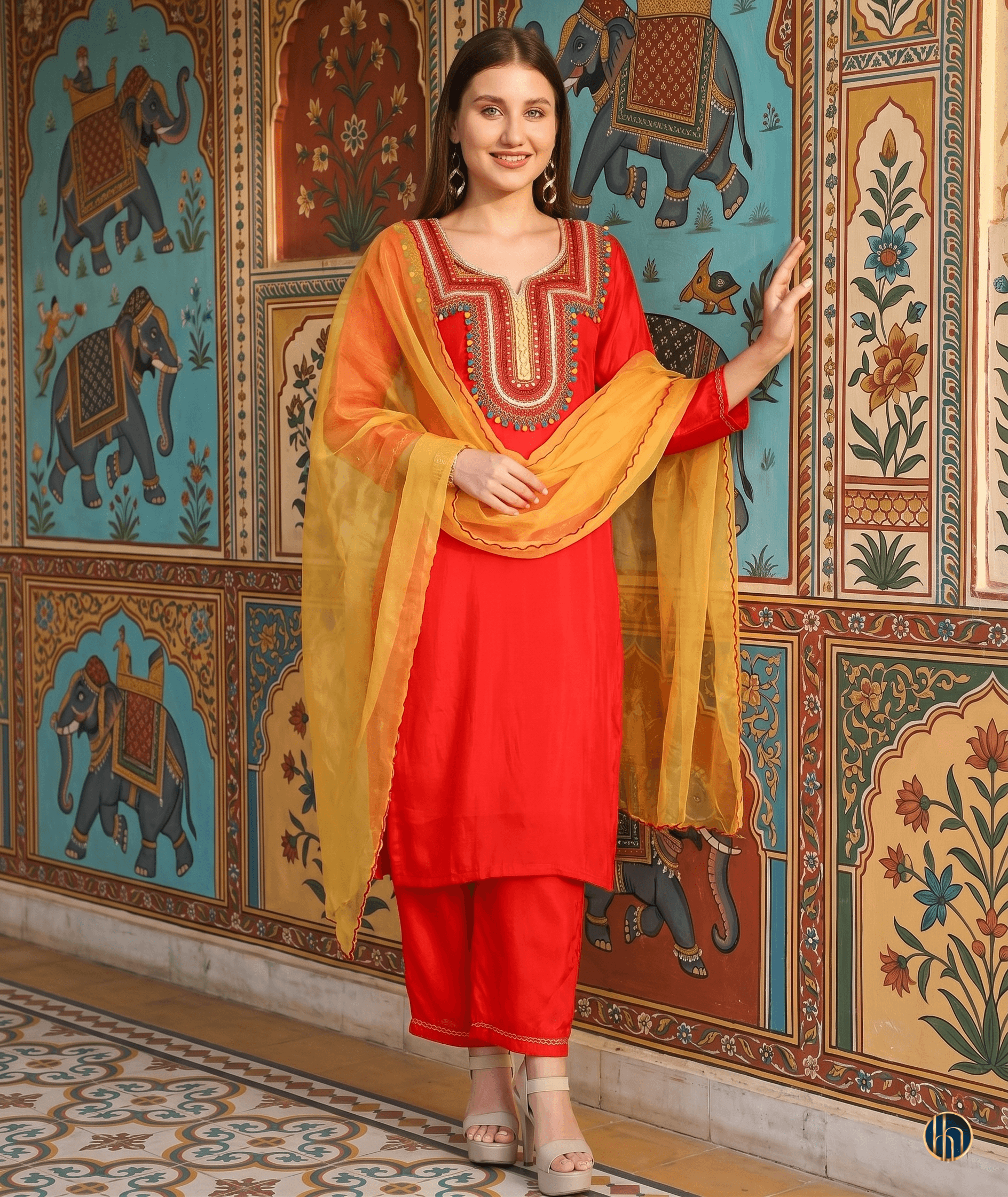Roohi Red Kutch-Embriodered Kurta Set with Yellow Dupatta