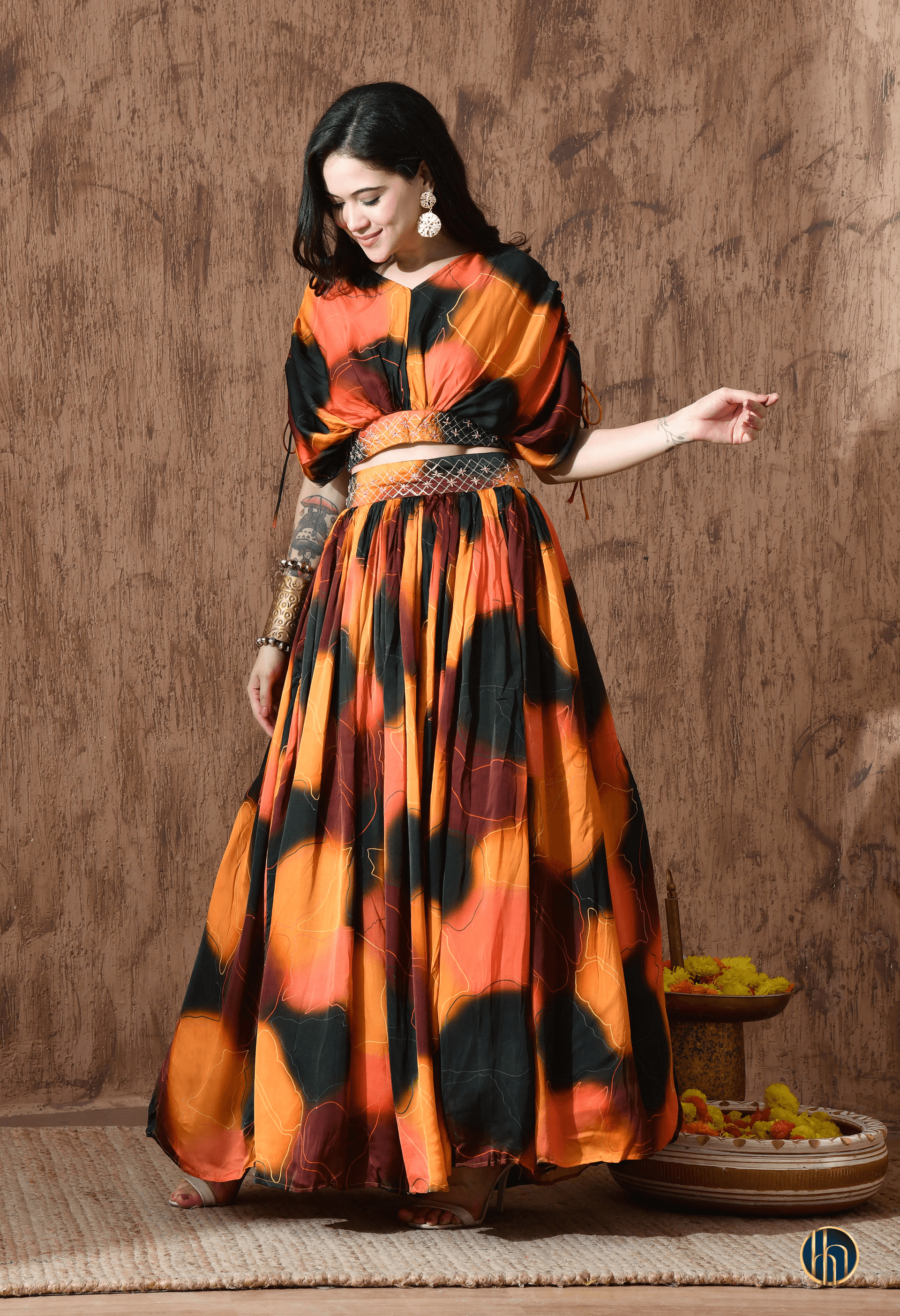 Mira Green-Orange Abstract Print Lehenga Set with Embroidered Waist