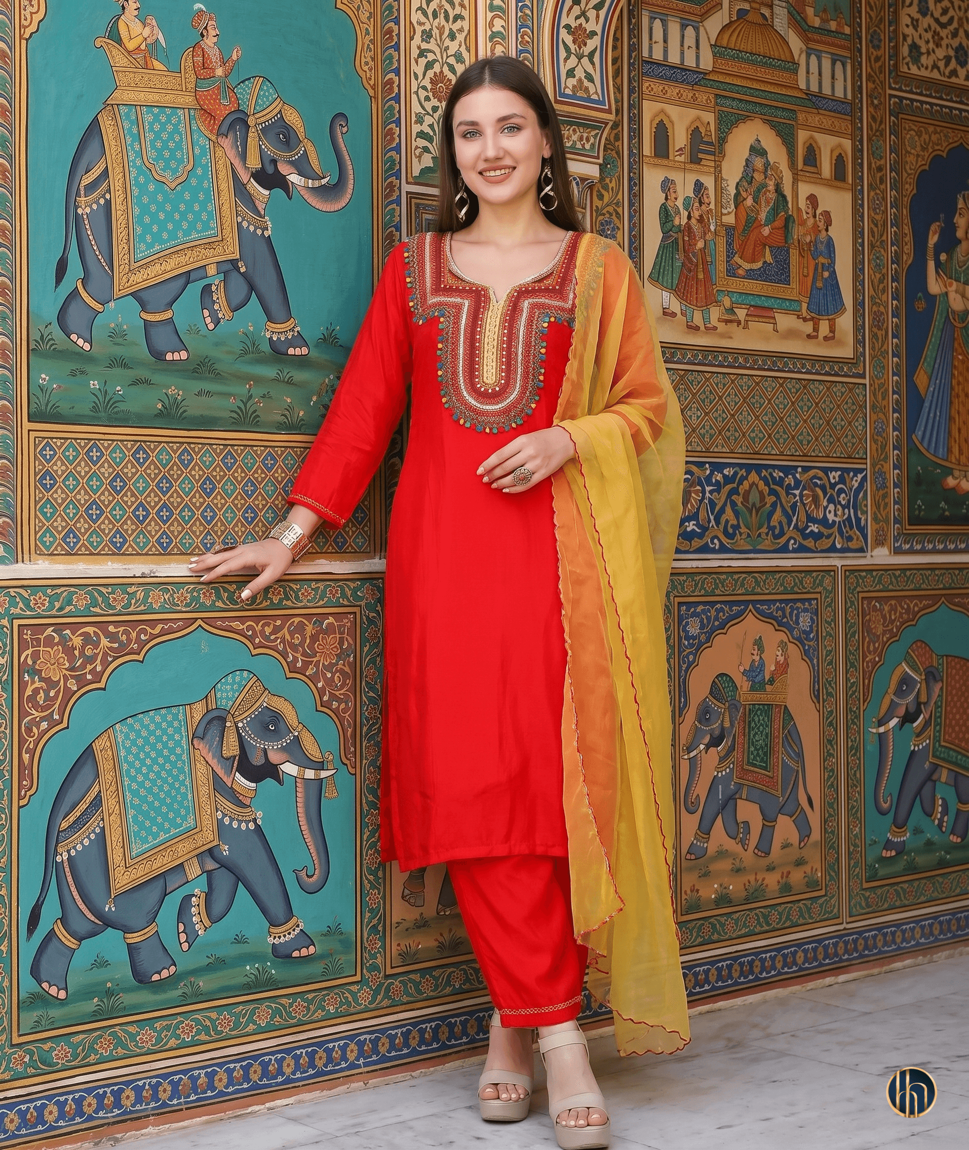 Roohi Red Kutch-Embriodered Kurta Set with Yellow Dupatta