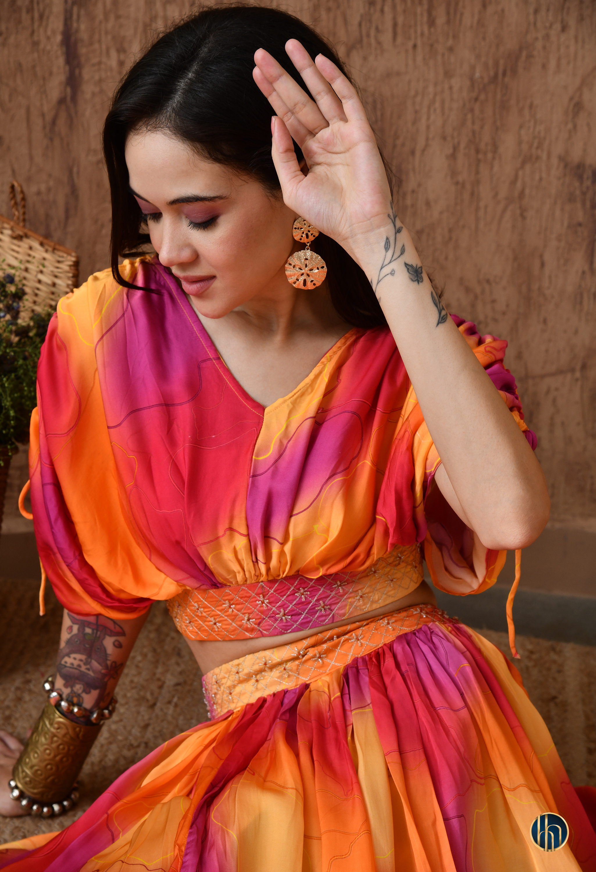 Mira Pink-Orange Abstract Print Lehenga Set with Embroidered Waist