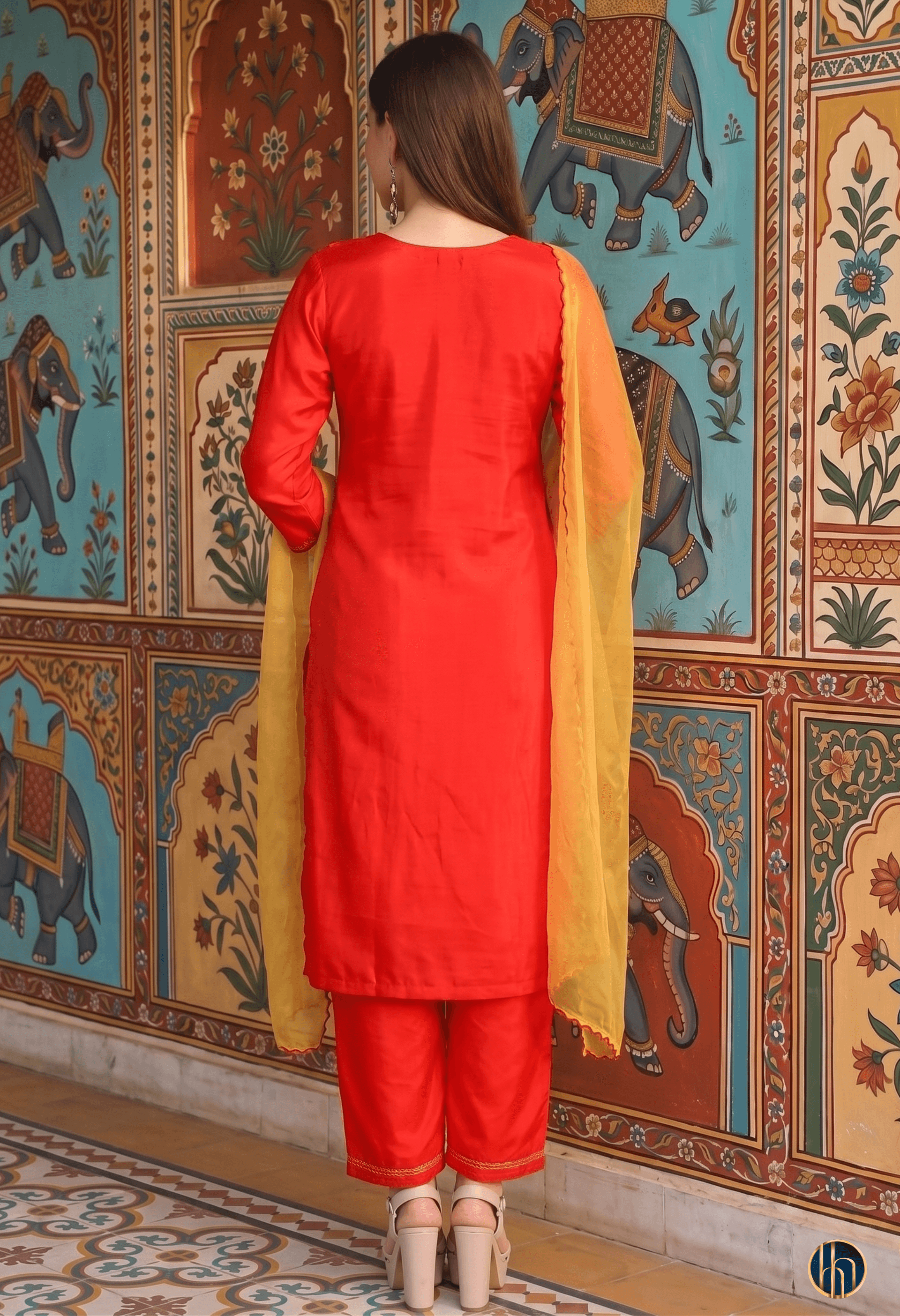 Roohi Red Kutch-Embriodered Kurta Set with Yellow Dupatta