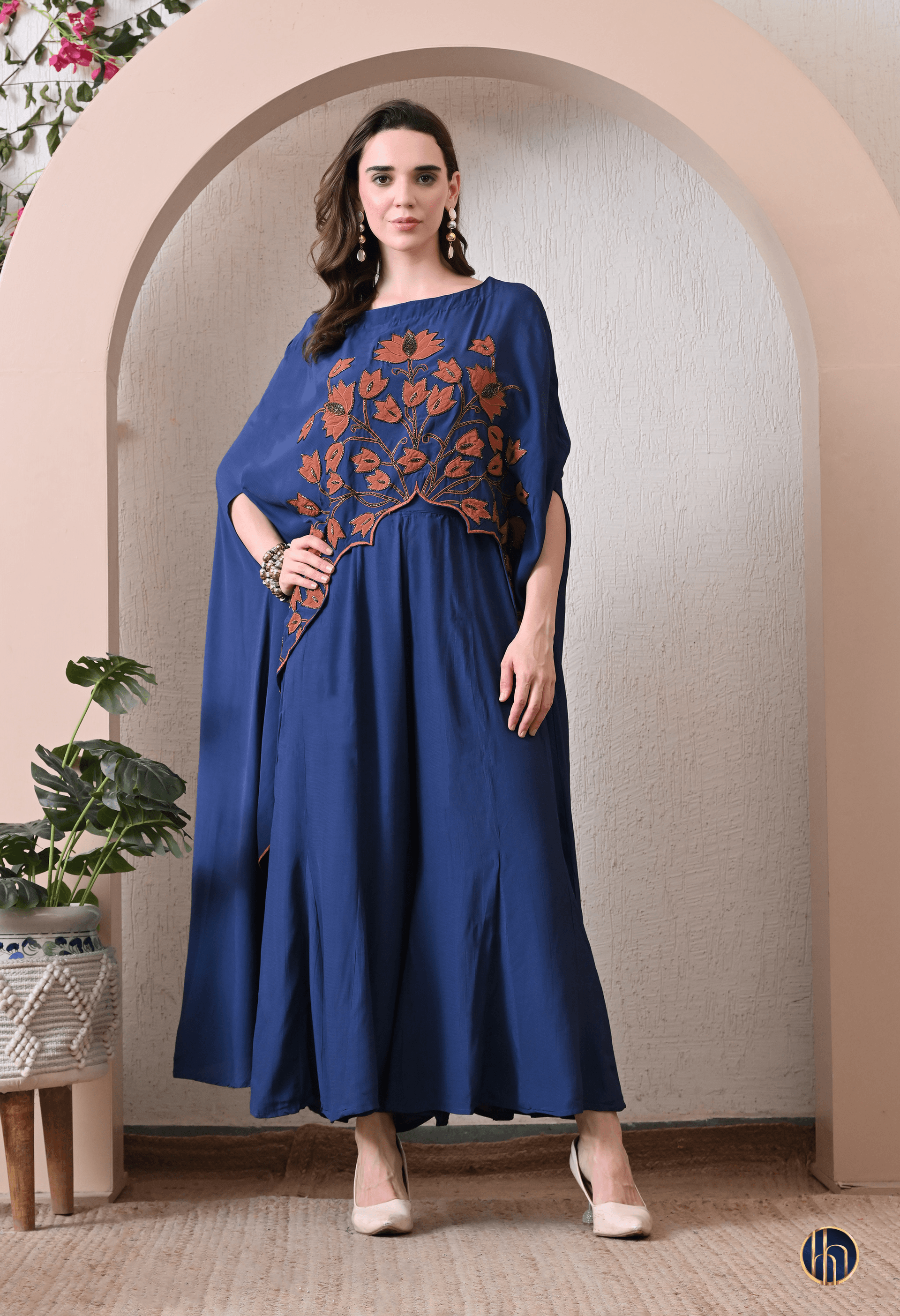 Rhea Royal Blue Asymmetric Kaftan with Hand-Embroidered Applique Work