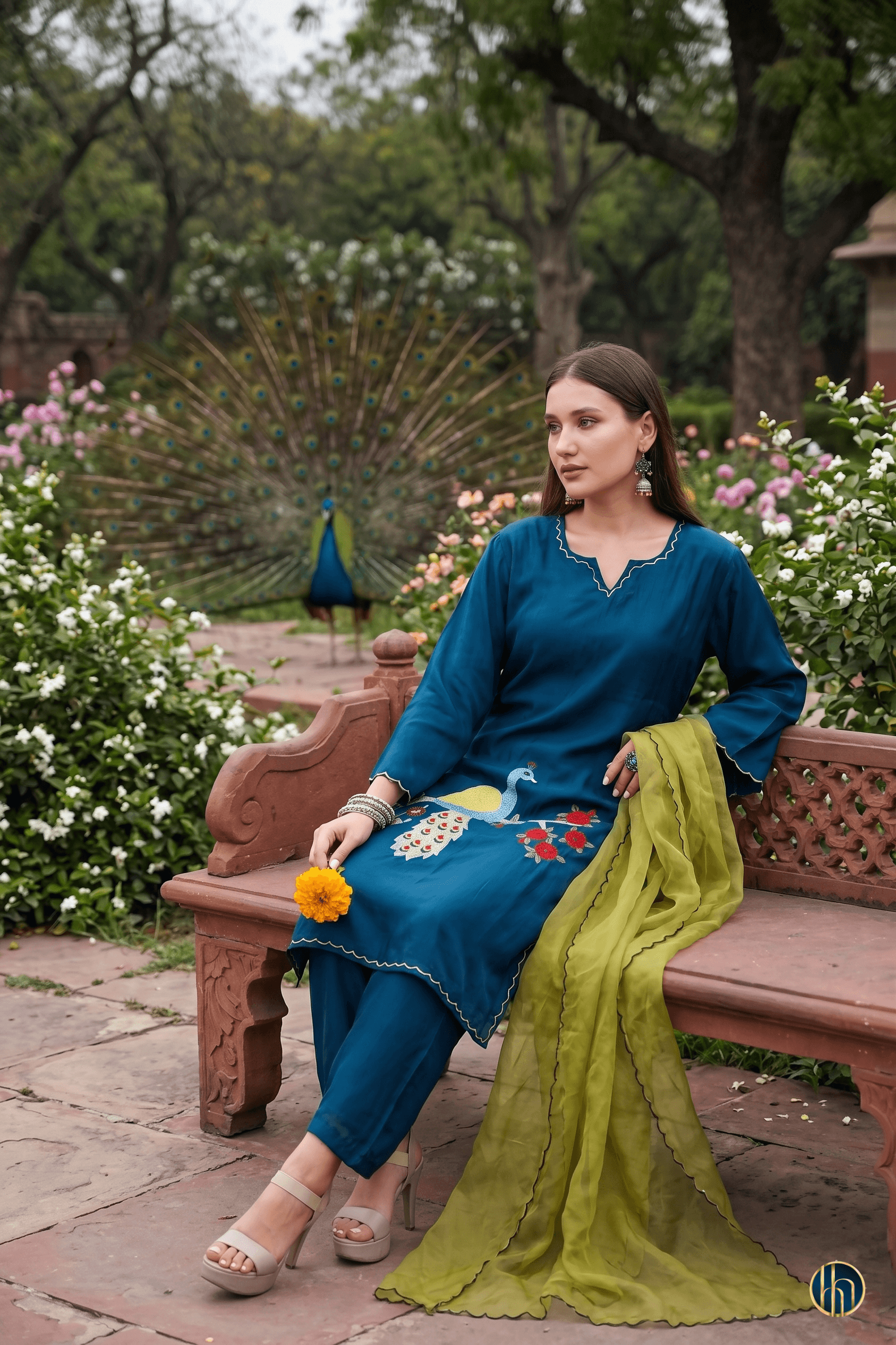 Mayuri Peacock Blue Kurta Set with Hand-Appliqué Embriodery
