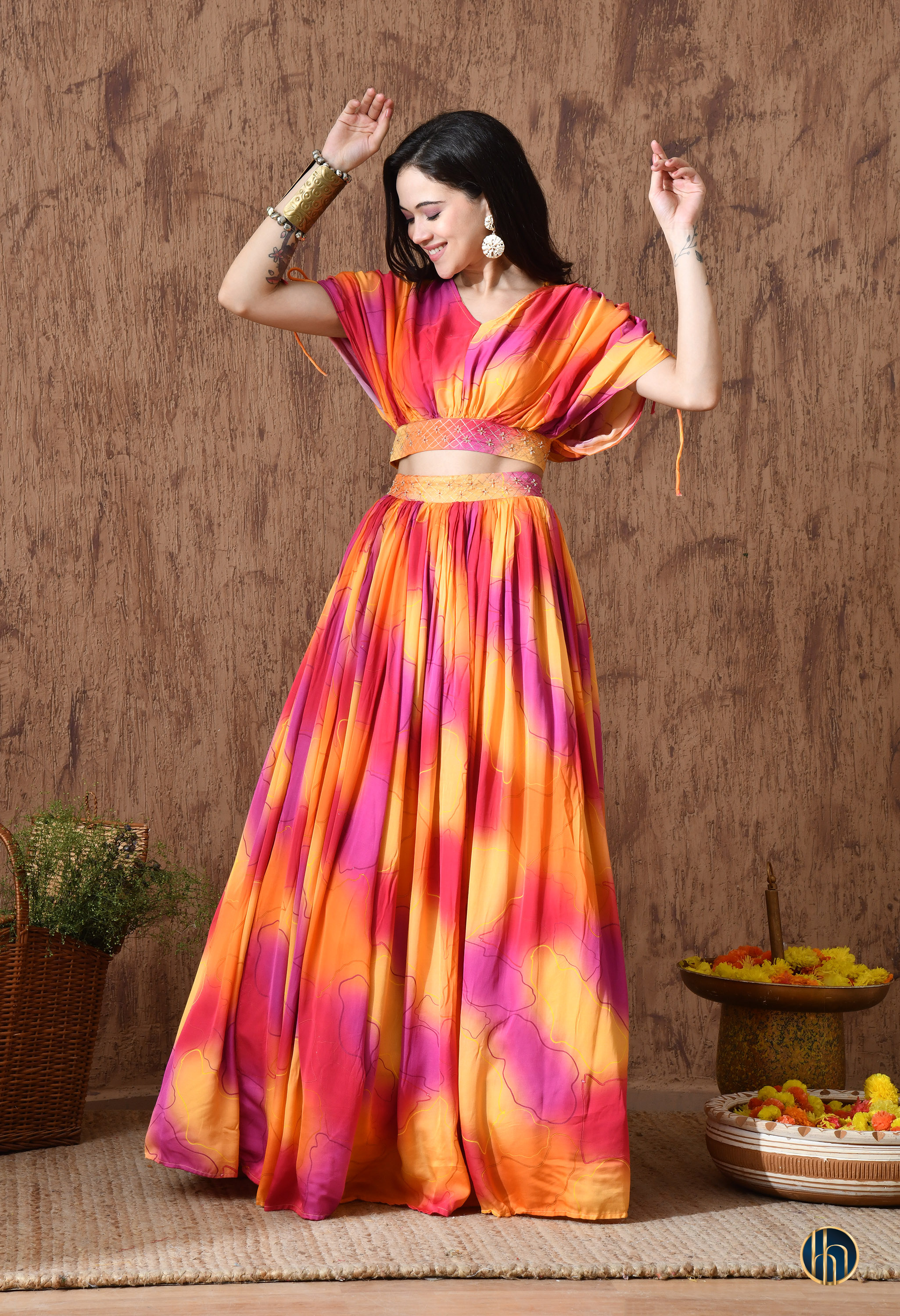 Mira Pink-Orange Abstract Print Lehenga Set with Embroidered Waist