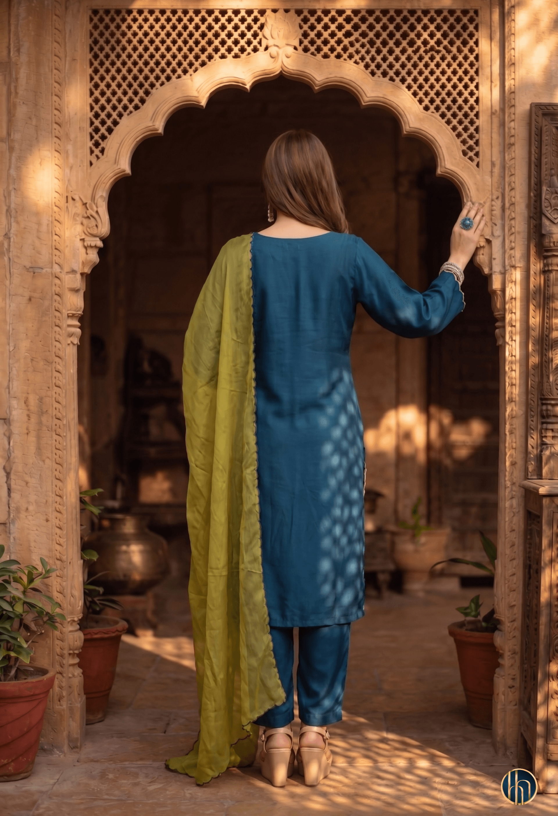 Mayuri Peacock Blue Kurta Set with Hand-Appliqué Embriodery
