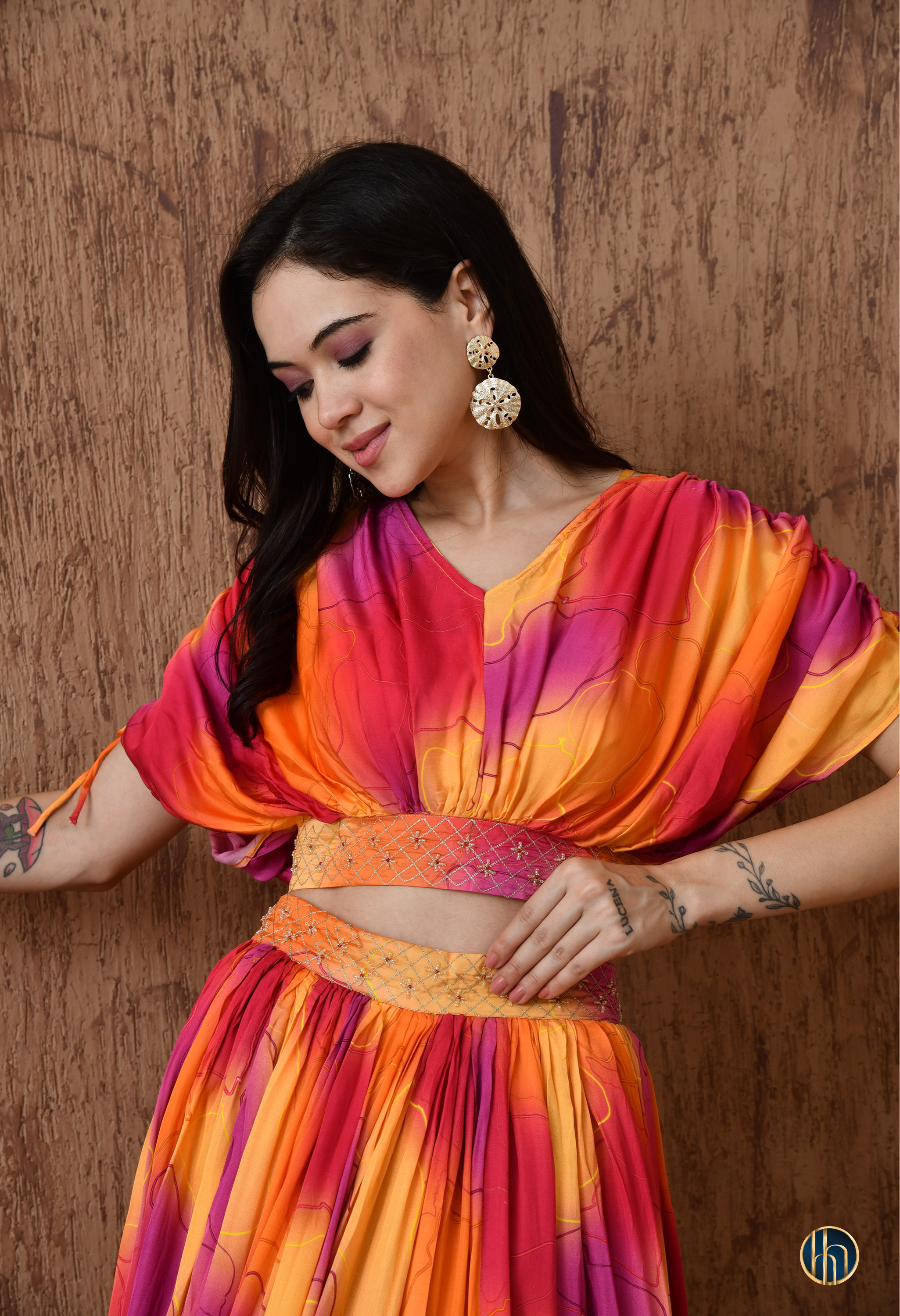Mira Pink-Orange Abstract Print Lehenga Set with Embroidered Waist