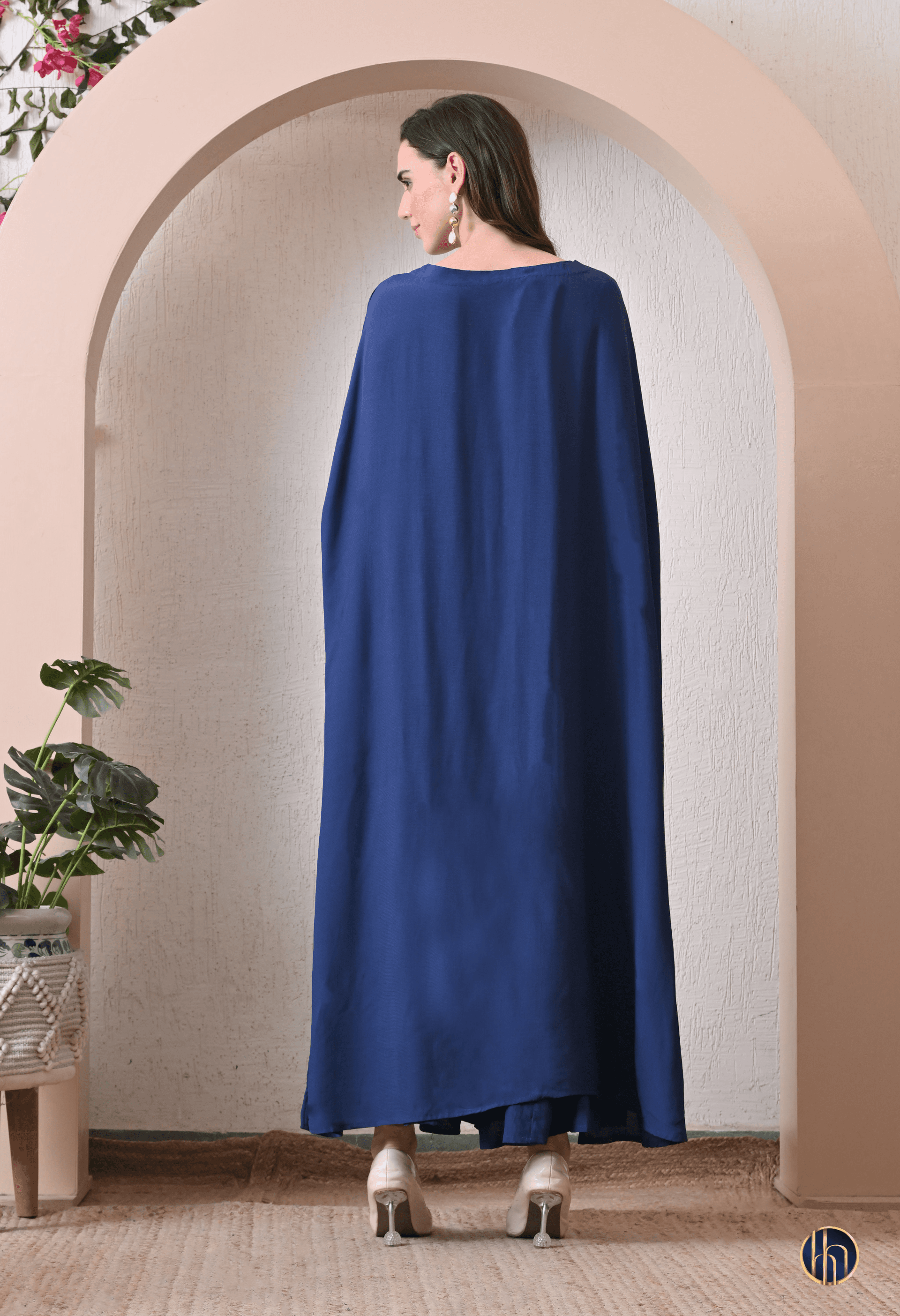 Rhea Royal Blue Asymmetric Kaftan with Hand-Embroidered Applique Work