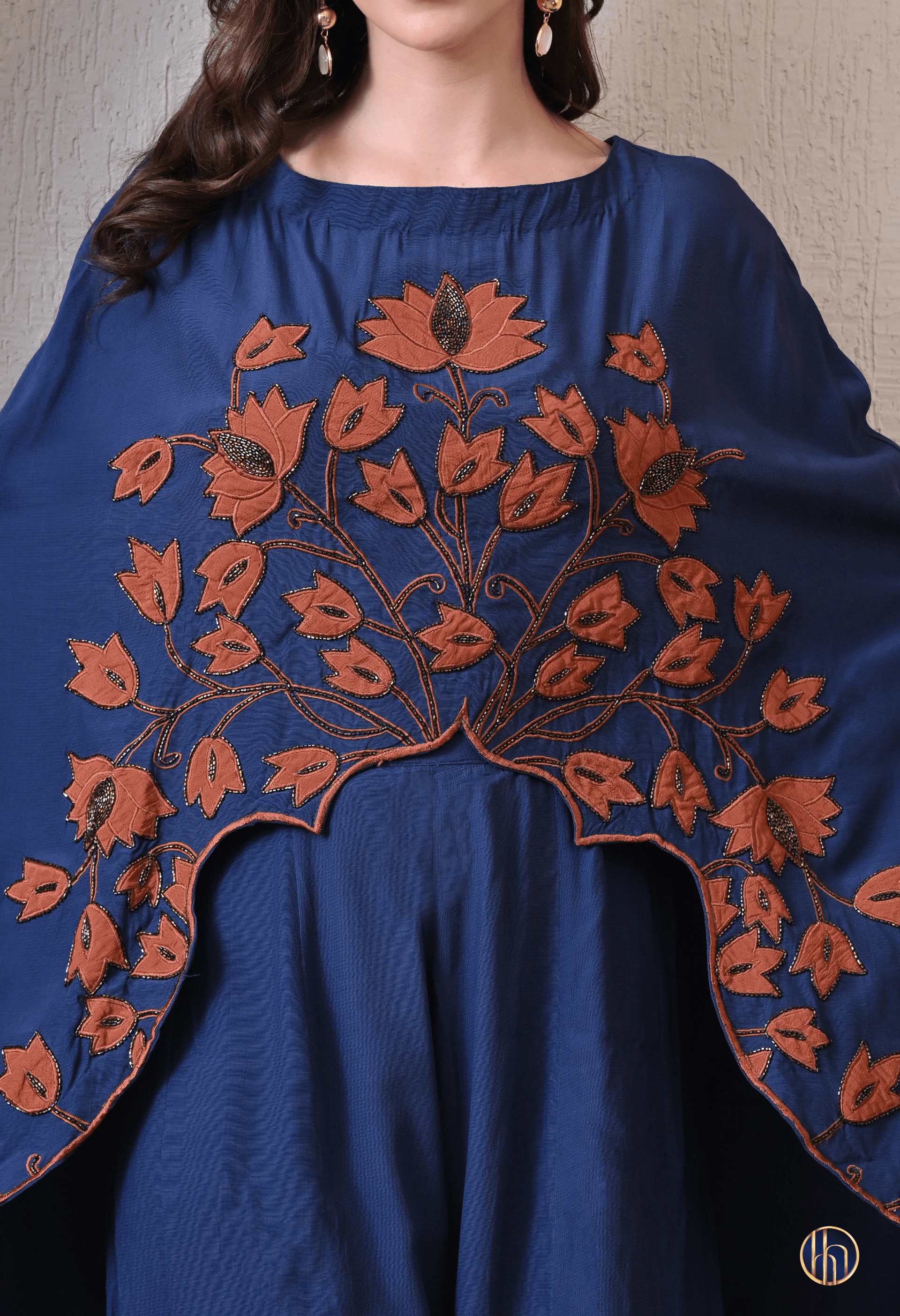 Rhea Royal Blue Asymmetric Kaftan with Hand-Embroidered Applique Work