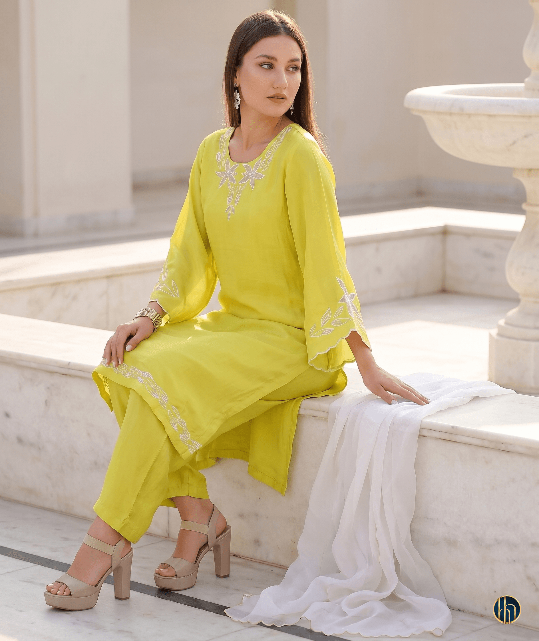 Jhalak Yellow Cutwork Embroidered Kurta Set with white Dupatta