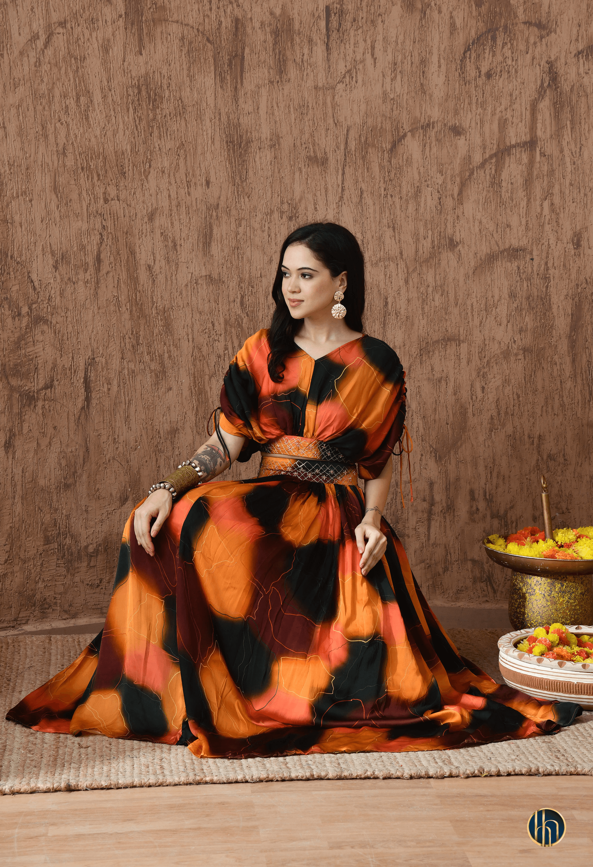 Mira Green-Orange Abstract Print Lehenga Set with Embroidered Waist