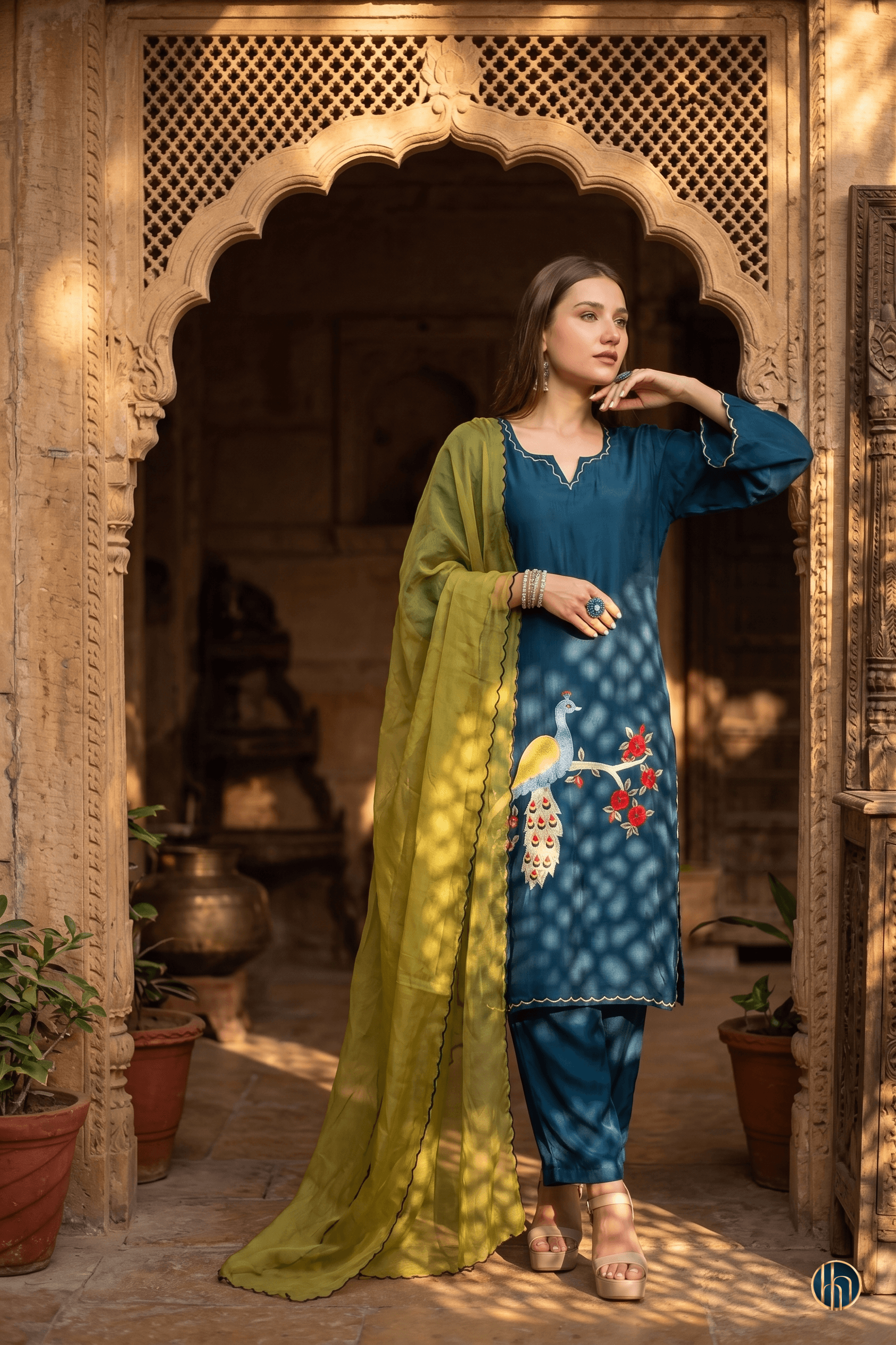 Mayuri Peacock Blue Kurta Set with Hand-Appliqué Embriodery